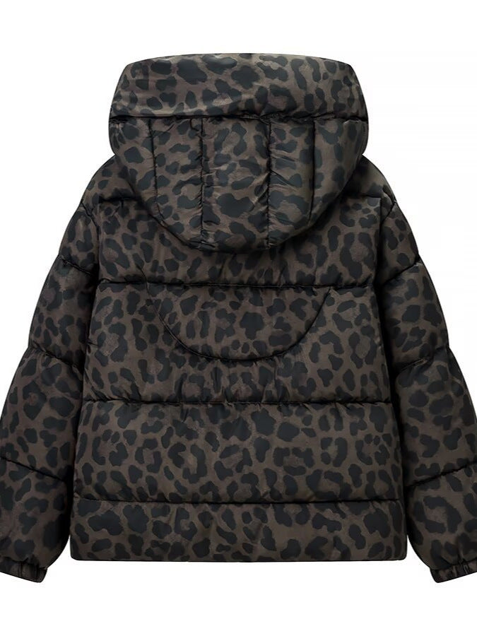 Leopard print hooded puffer jacket with quilted panels and ribbed cuffs