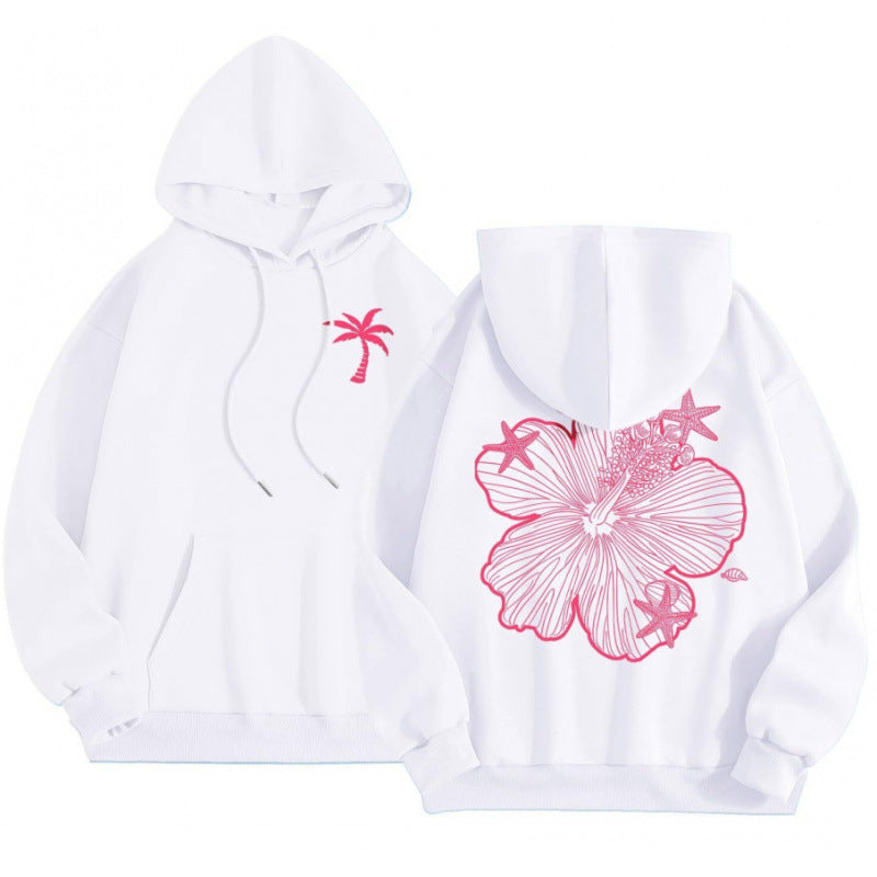 Hibiscus Print Hoodie for Women — Oversized Beach Pullover in Cotton Fleece