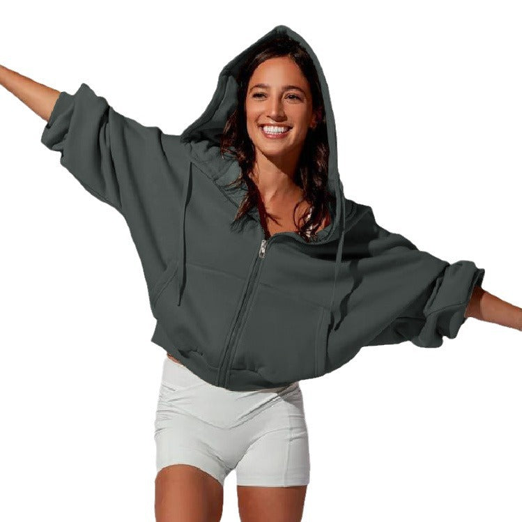 Women’s zip-front hooded sweatshirt, charcoal gray, adjustable hood