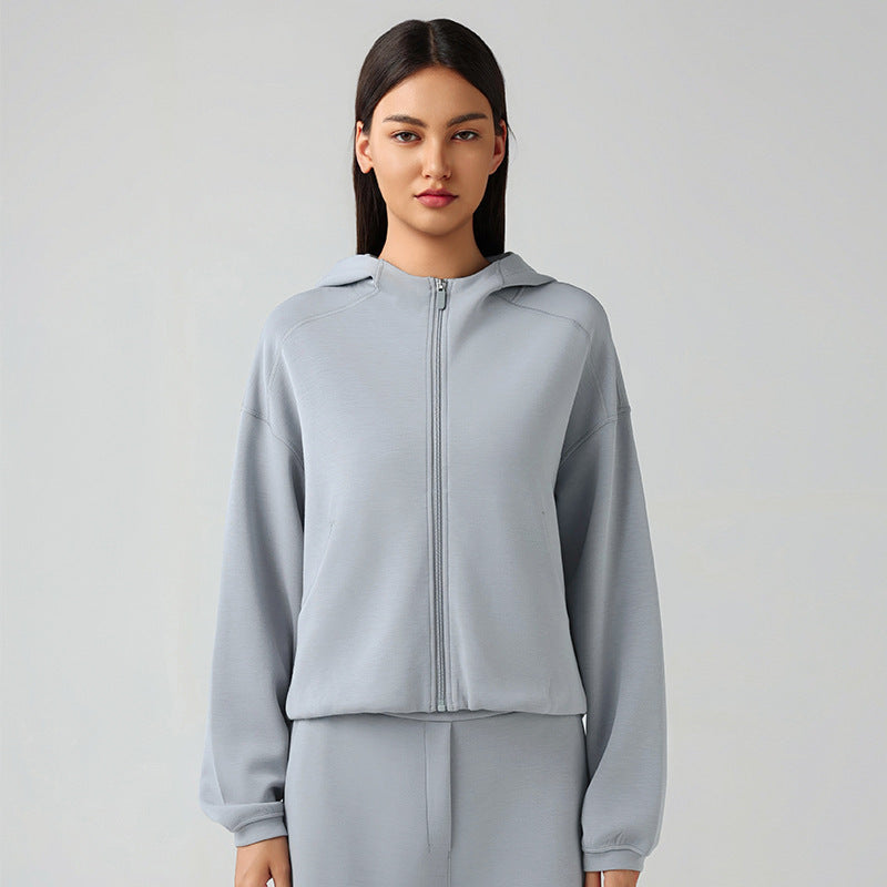 Cropped Zip Up Hoodie for Women — Oversized Hood and Elastic Hem in Brushed Cotton Blend