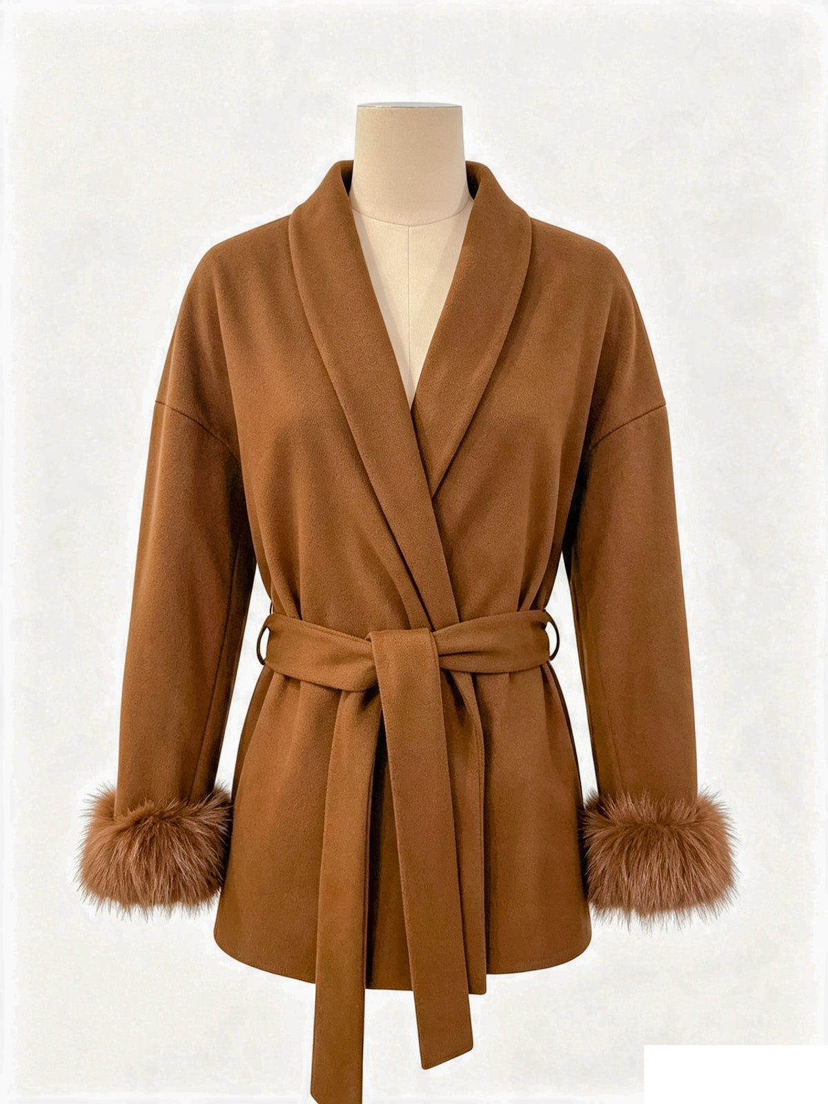 Camel wool wrap coat on mannequin with tie belt, V-style collar, and faux fur cuffs.