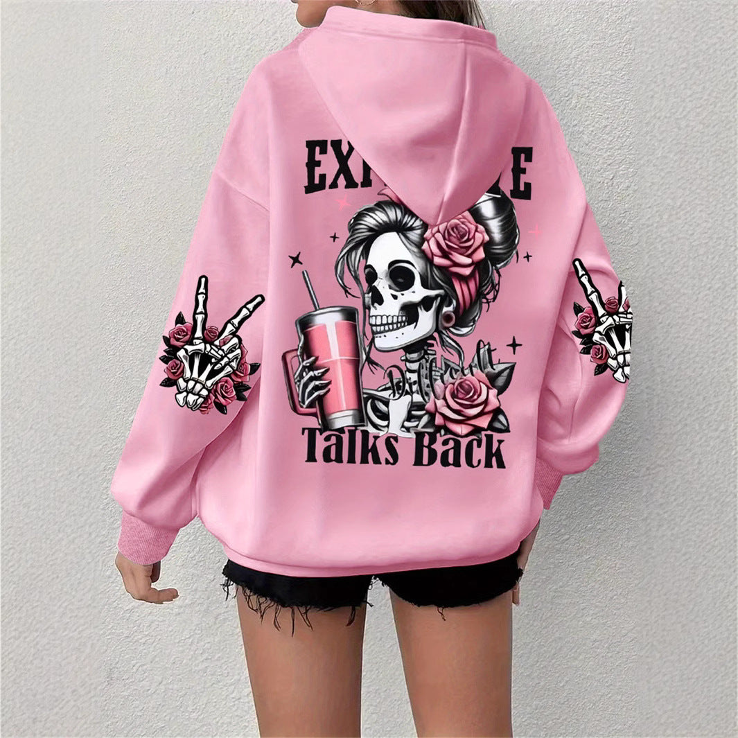 Pink hooded sweater with back skull and roses graphic, long sleeves