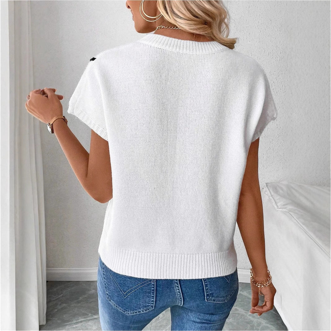 Floral Embroidered Knit Top for Women — Relaxed Cap Sleeve Sweater Style in Cotton