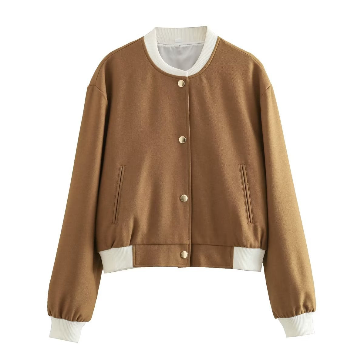 Women’s camel brown bomber jacket with ribbed cuffs, snap button front, side pockets
