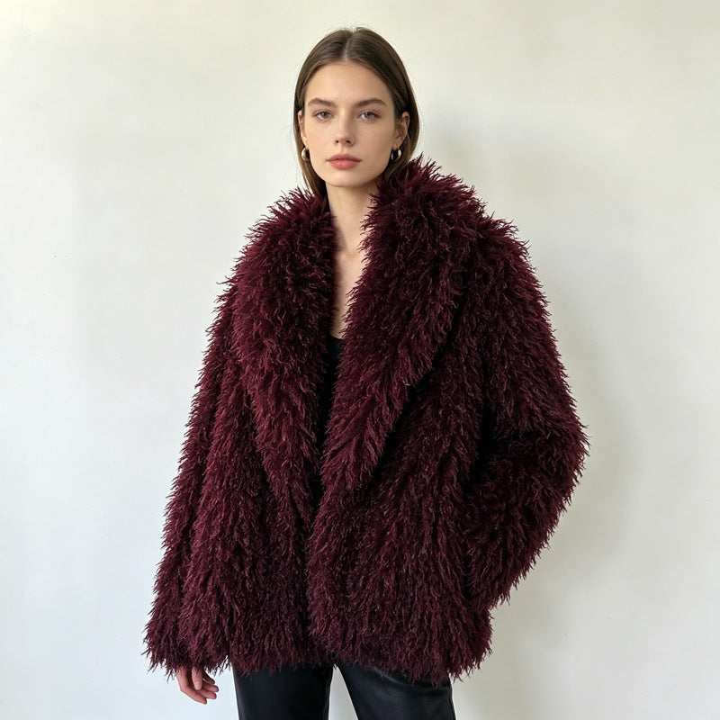 Burgundy faux shearling fur coat with wide lapels, loose fit, long sleeves