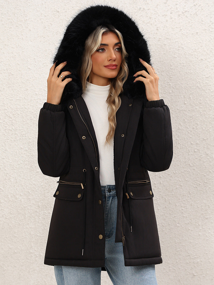 Women's black mid-length hooded parka with faux-fur trim, button front, drawstring waist pockets