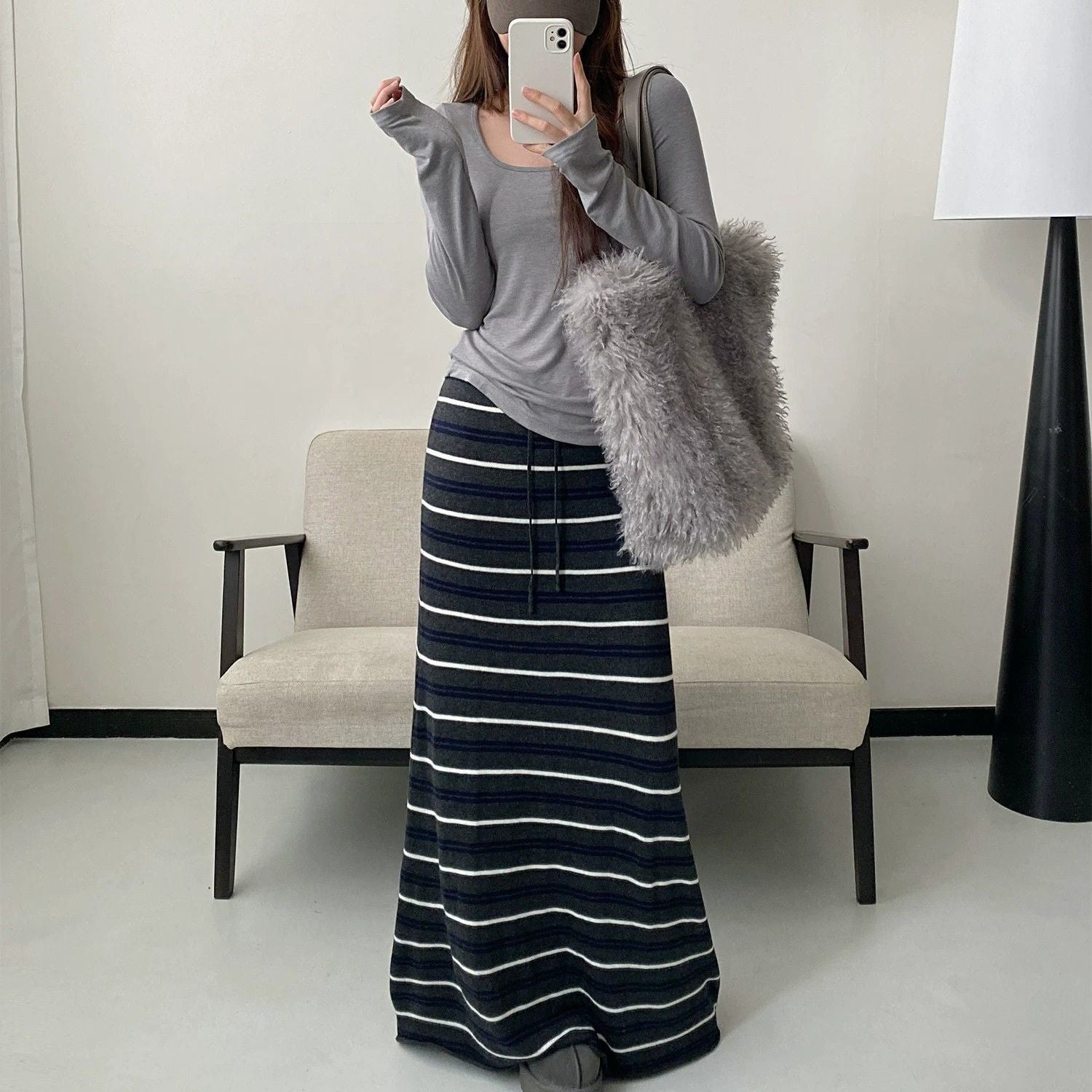 Striped Knit Maxi Skirt — A Line Silhouette with Drawstring Waist in Wool Blend