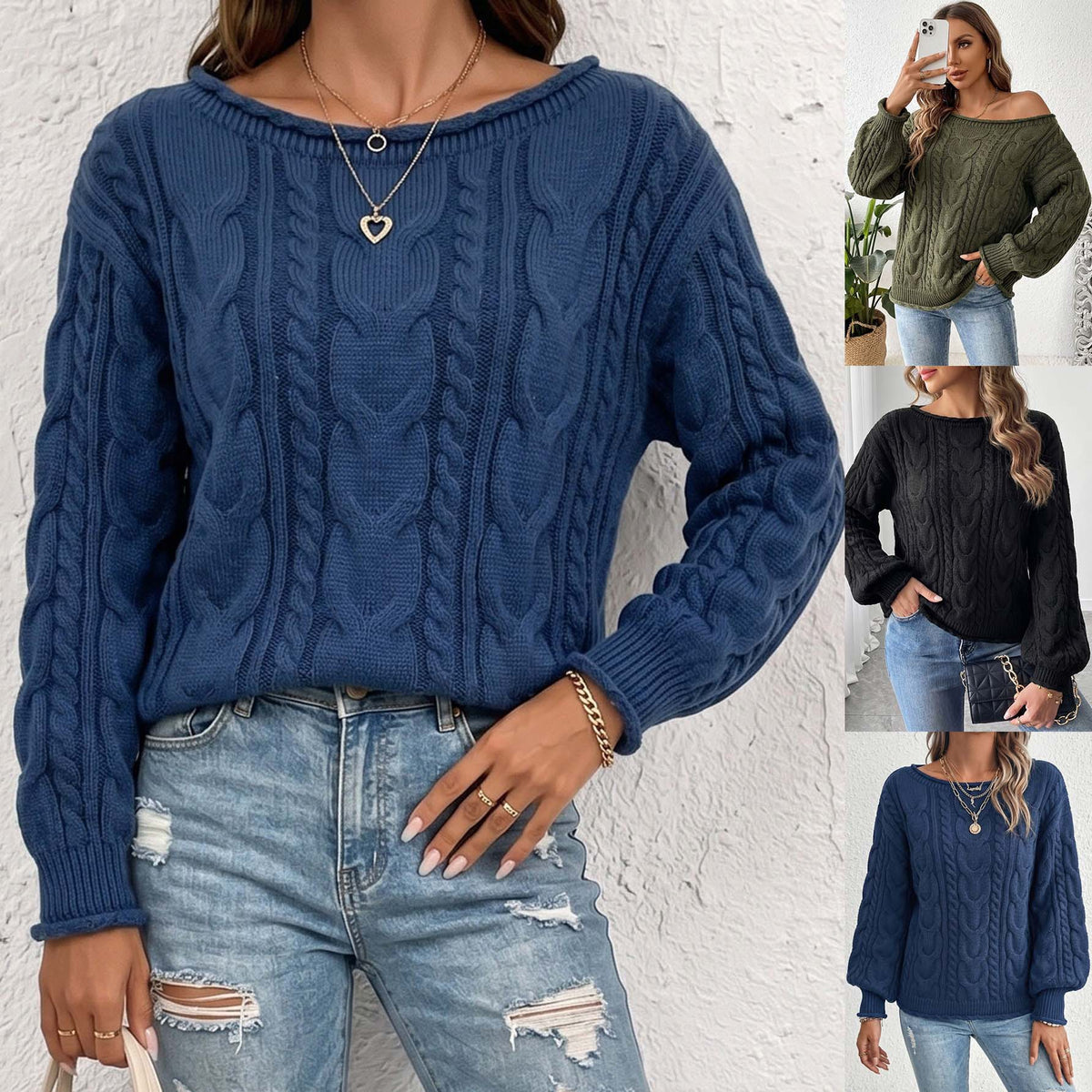 Navy cable-knit pullover with a wide neckline and ribbed cuffs