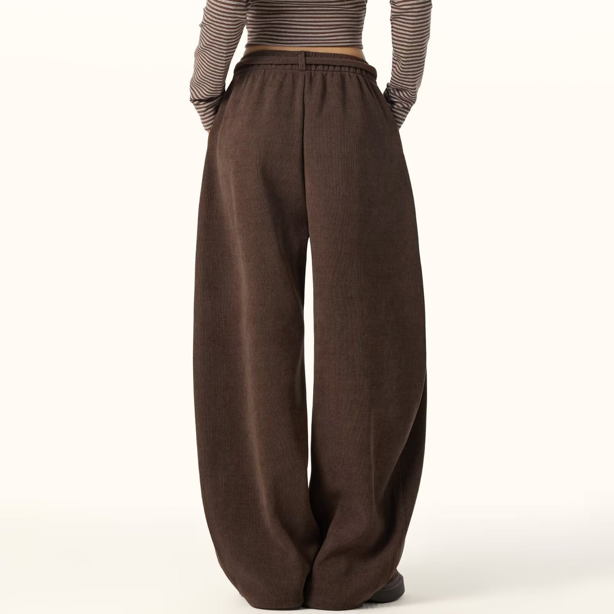 Corduroy Wide Leg Pants for Women — High Waist Drawstring Barrel Leg Fit