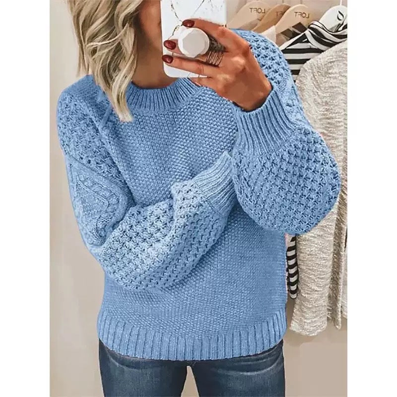Plus-size knit sweater, round neck pullover with ribbed cuffs and hem, blue textured knit