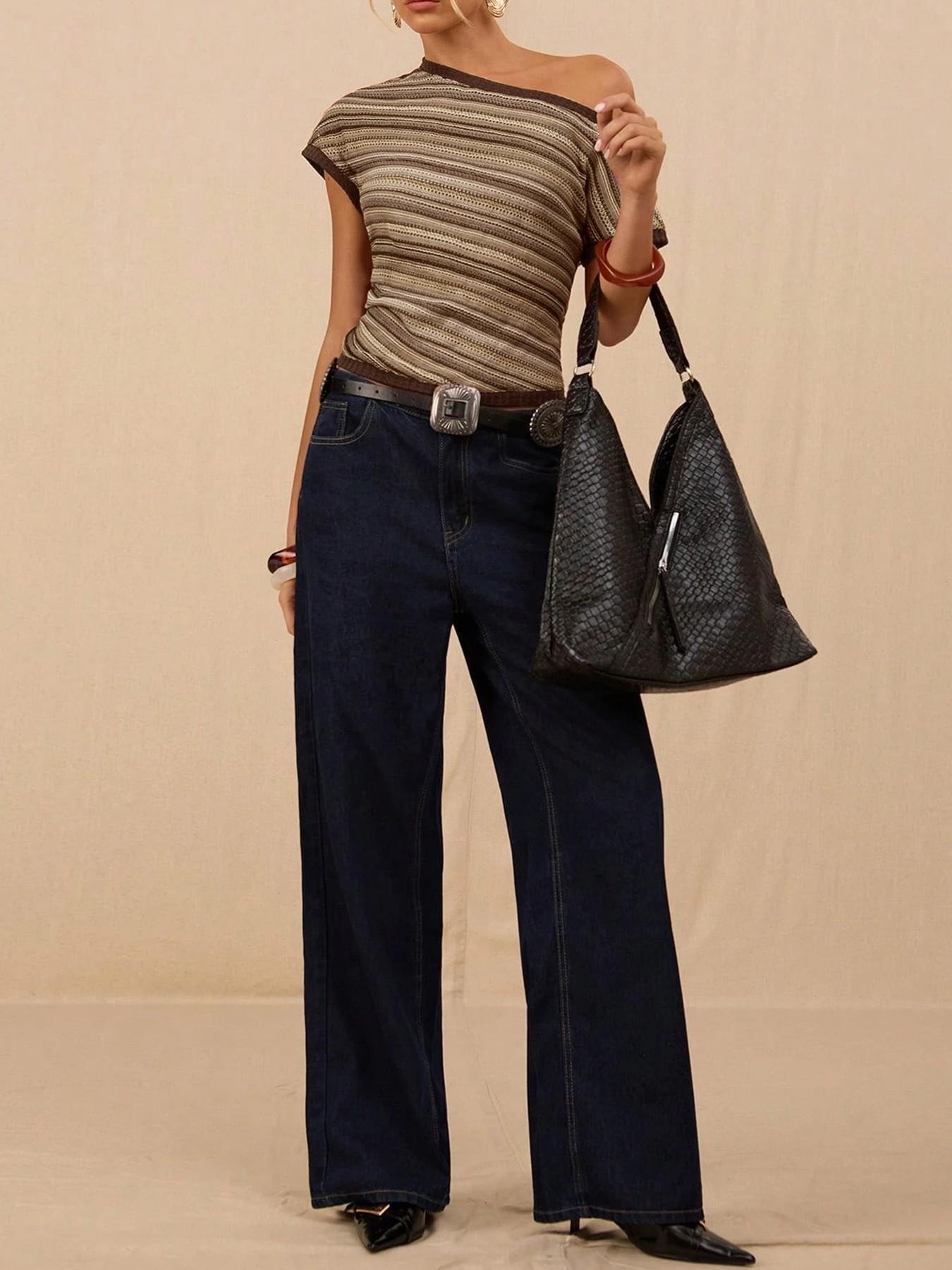 Asymmetric One Shoulder Knit Top — Striped Short Sleeve Style for Women in Viscose