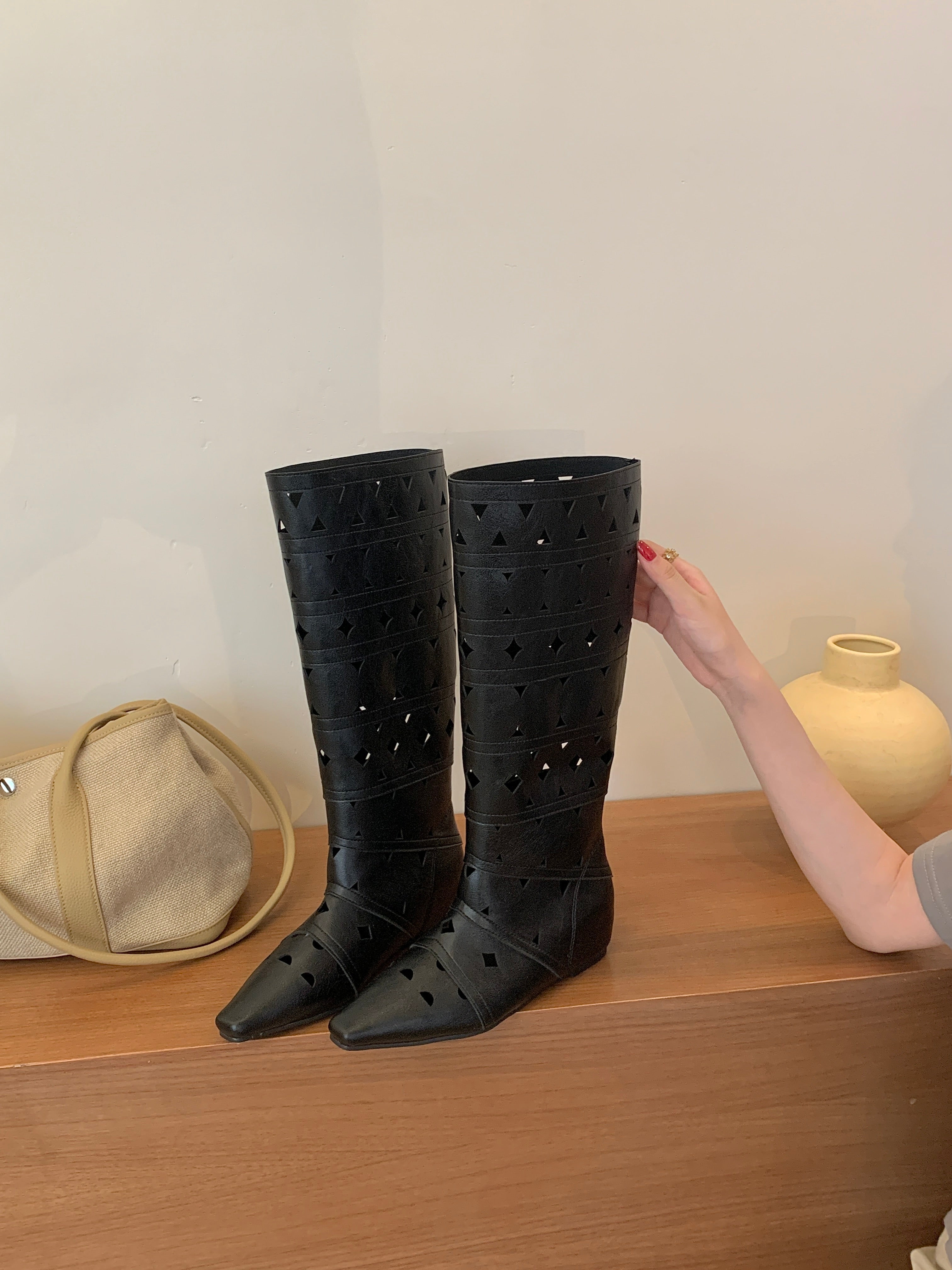 Cut Out Knee High Boots for Women — Flat Pointed Toe Slouch Boot in Suede