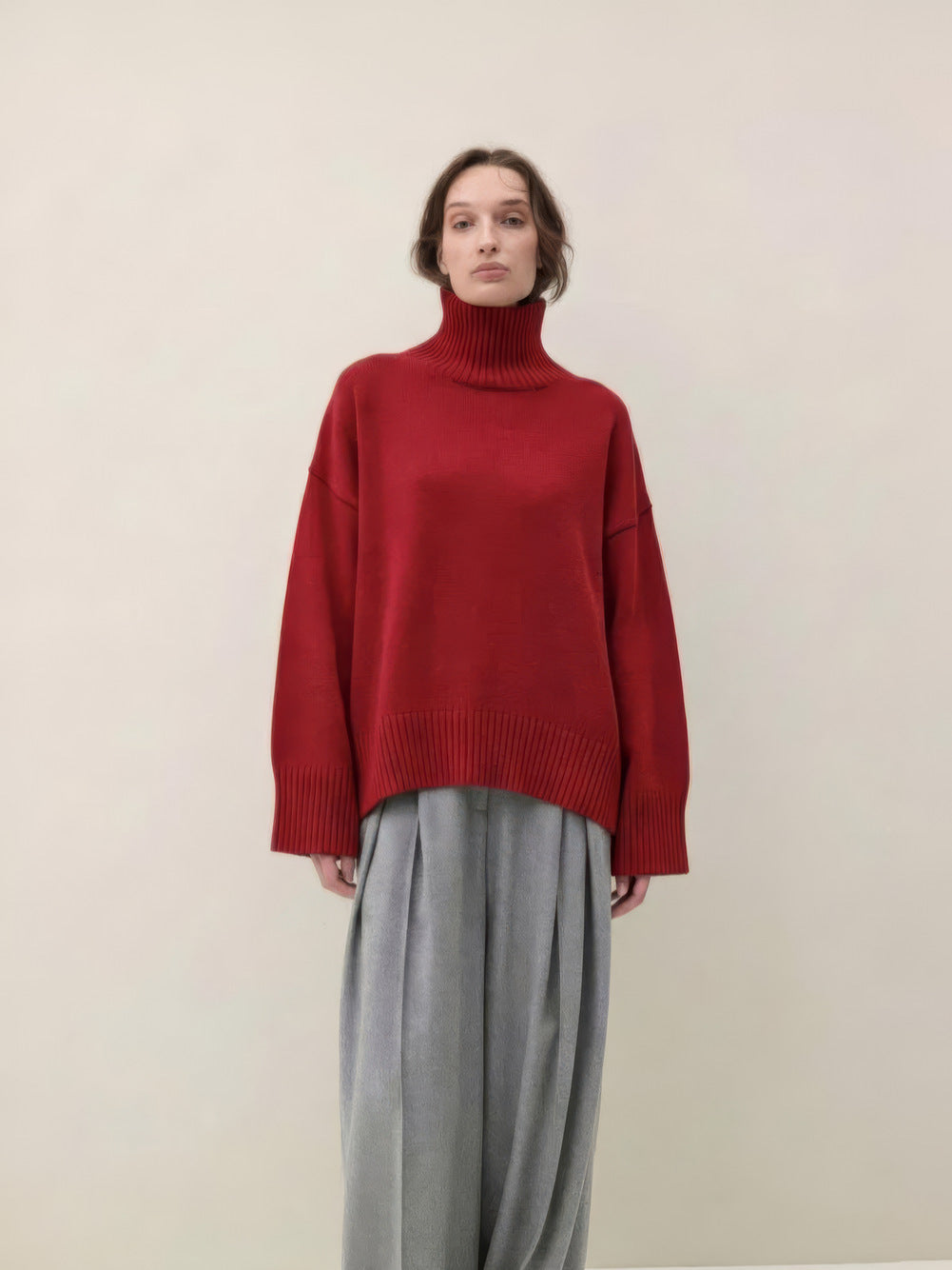 Oversized Turtleneck Sweater for Women — Chunky Knit Pullover with Drop Shoulders in Wool