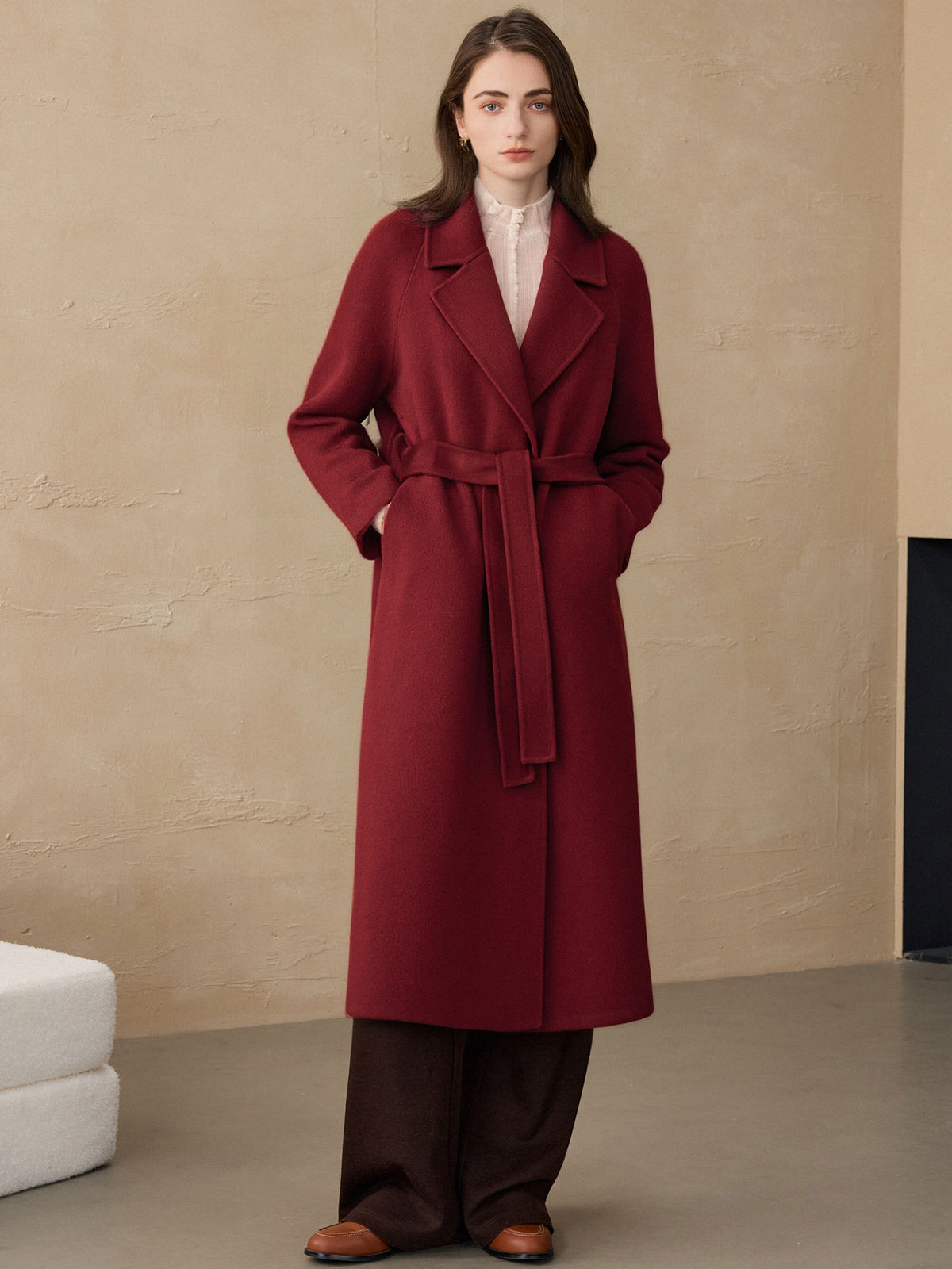 Long Wool Coat for Women — Double Faced Belted Wrap Style with Notch Lapel
