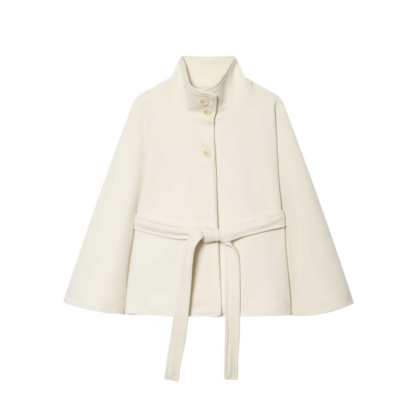White high-neck cape-style wool coat with button front and waist tie