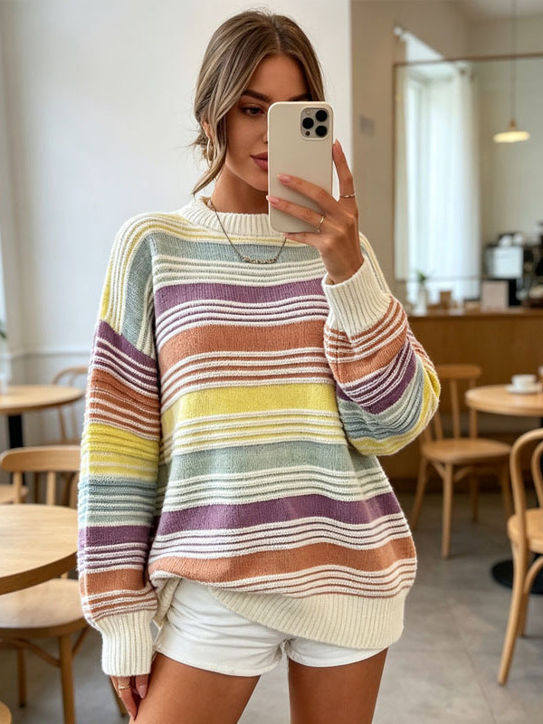 Oversized Striped Sweater for Women — Color Block Mock Neck Knit in Soft Cotton