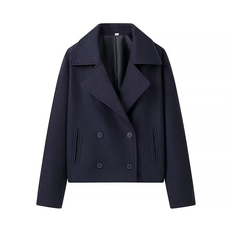 Navy double-breasted short wool jacket, notched lapels and four-button front