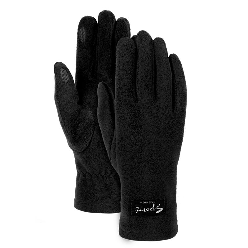 Black fleece-lined warm gloves with textured fingers and ribbed cuff hem