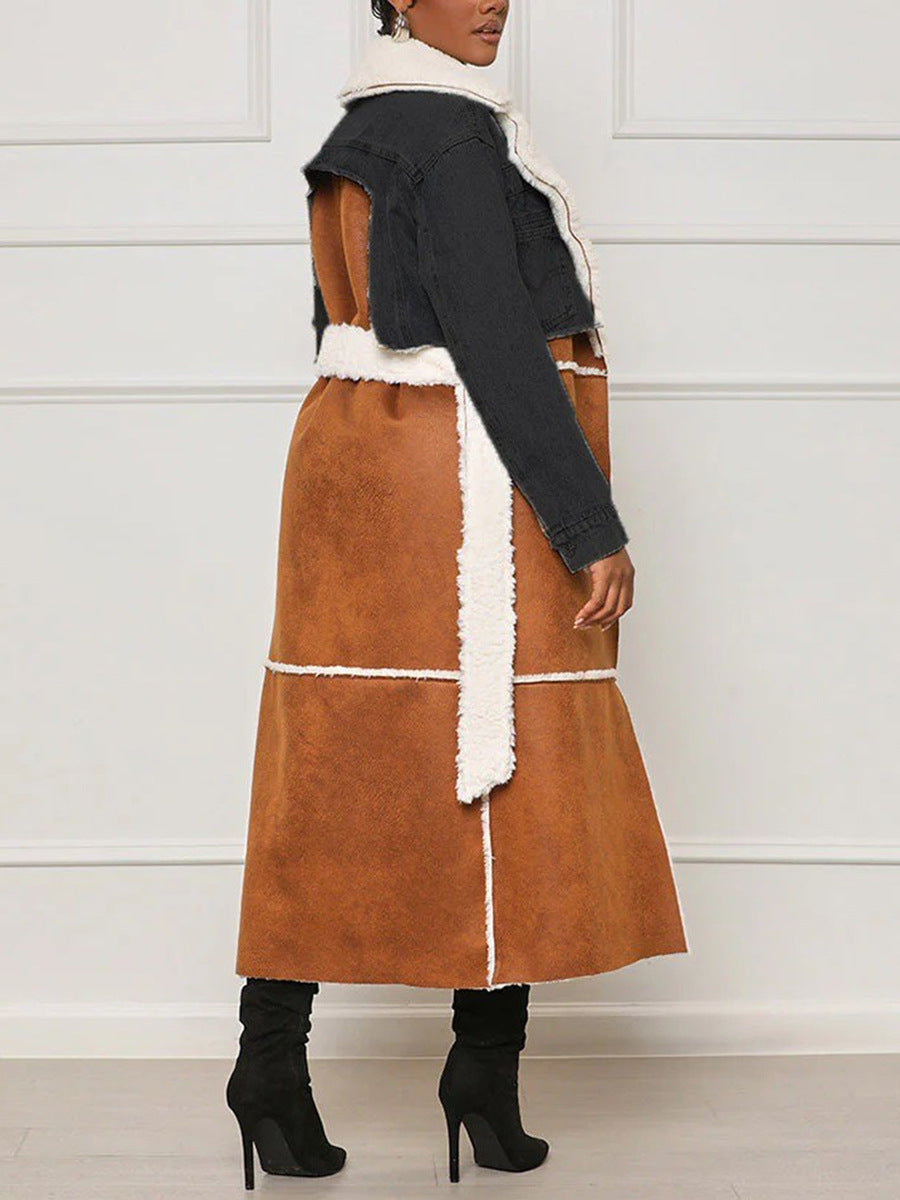 Women’s patchwork color-block long coat, black and brown with white sherpa trim