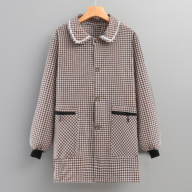 Black-and-beige checkered long-sleeve smock apron with button front and two chest pockets