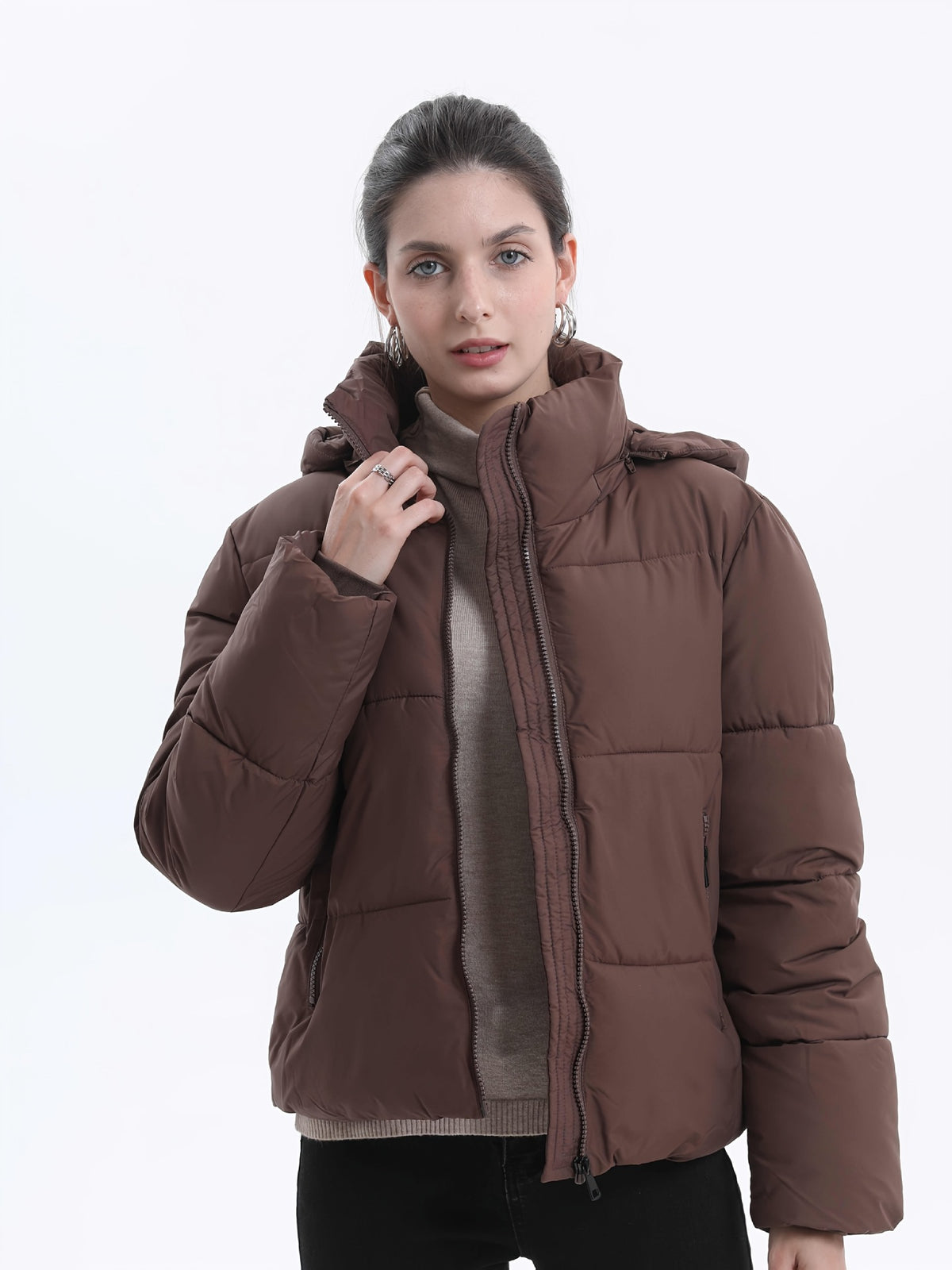 Dark brown hooded windproof puffer coat with front zip and side pockets
