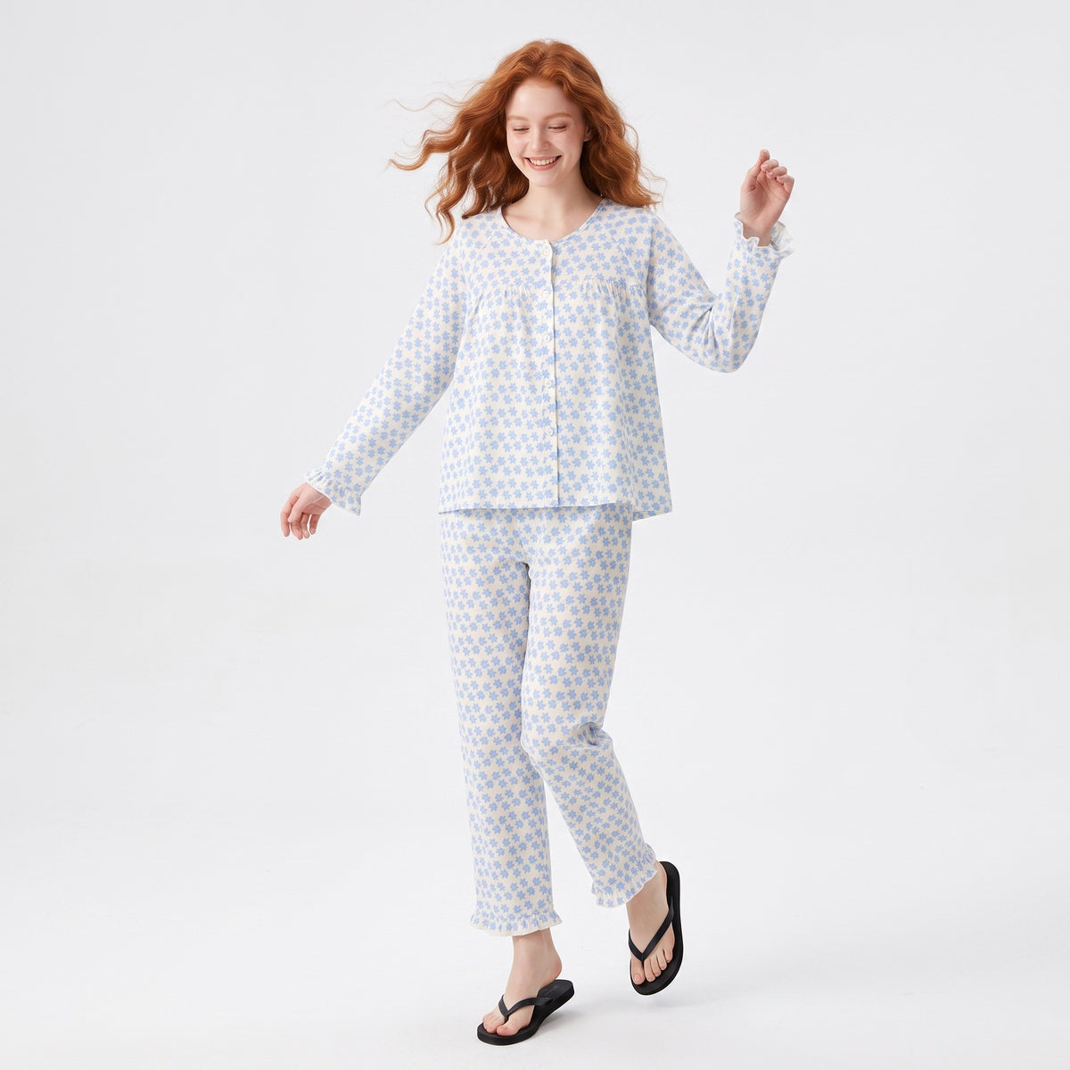 Women’s floral cotton pajama set, light blue long raglan cardigan top and pants