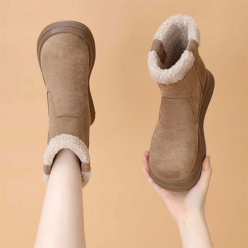 Khaki suede short boots with fluffy fleece lining and cuff, low tread sole