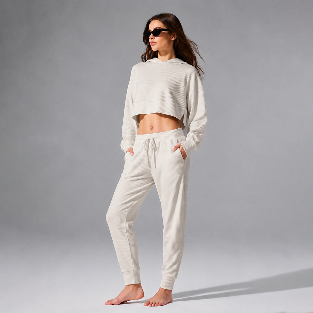 Women's ivory corduroy lounge set, cropped hoodie and drawstring jogger pants
