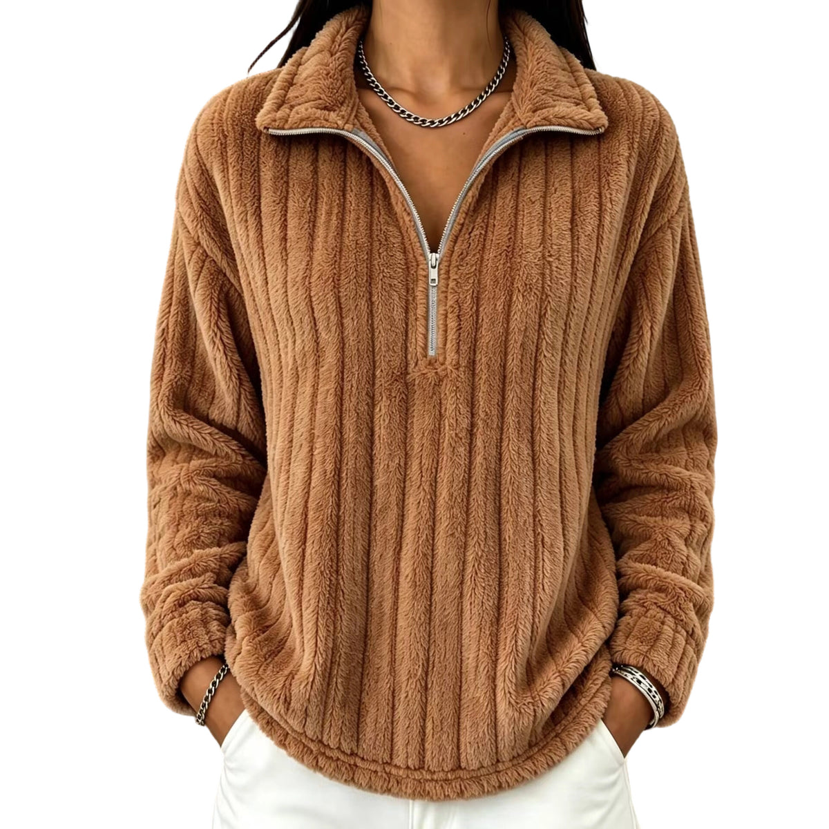 Women’s plush ribbed quarter-zip pullover sweatshirt, long sleeves, brown.