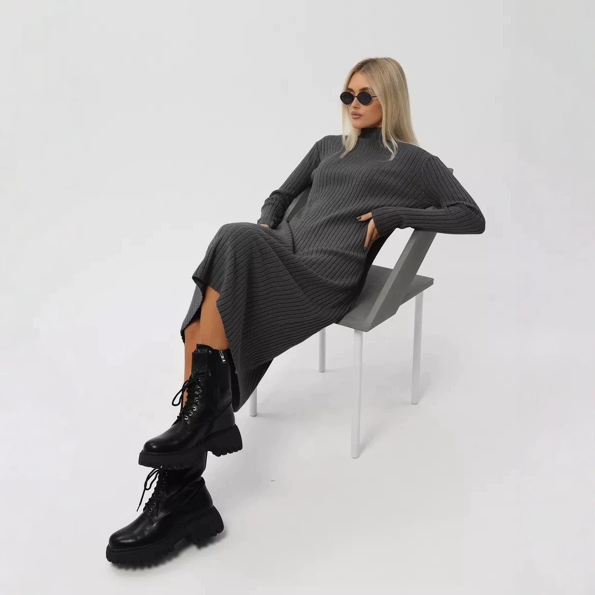 Oversized Sweater Dress in Midi Length — Mock Neck Ribbed Knit with a Relaxed Fit