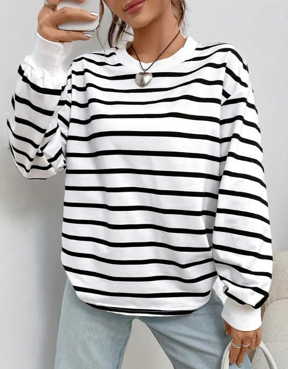 Women's striped sweatshirt, white with black horizontal stripes and ribbed crew neck cuffs