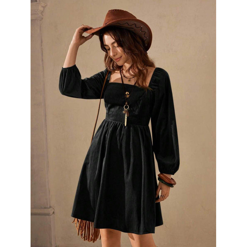 Black corduroy square-neck lantern-sleeve mini dress with gathered waist