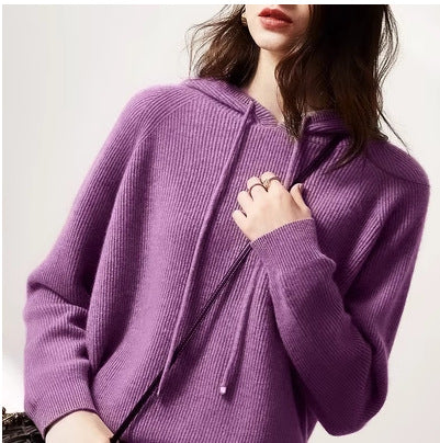 Women’s hooded knit sweater in purple, pullover with drawstring and front pocket