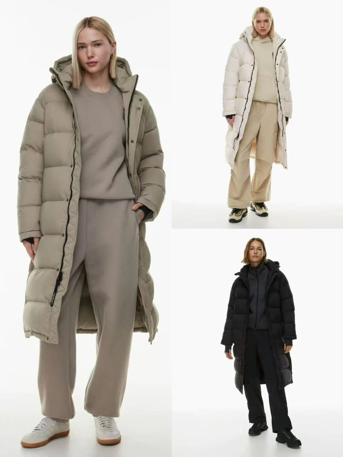 Sage long hooded puffer coat with full-length zipper and side pockets