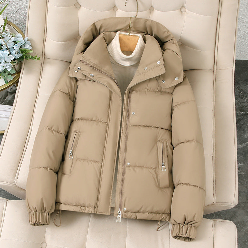 Women’s hooded short puffer jacket, tan khaki, full zip with snap placket and side zipper pockets