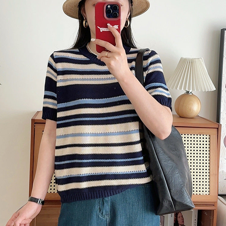 Striped Short Sleeve Sweater for Women — Lightweight Open Knit Summer Top in Cotton