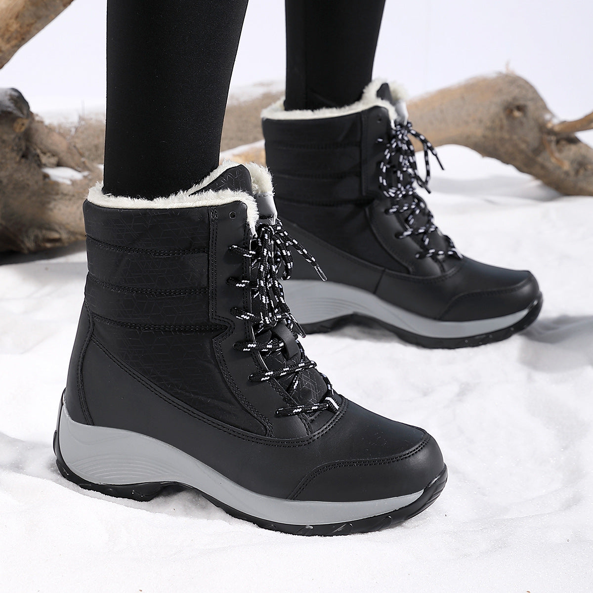 Snow Boots for Women — Fleece Lined Lace Up Ankle Boots with Lug Sole in Quilted Nylon
