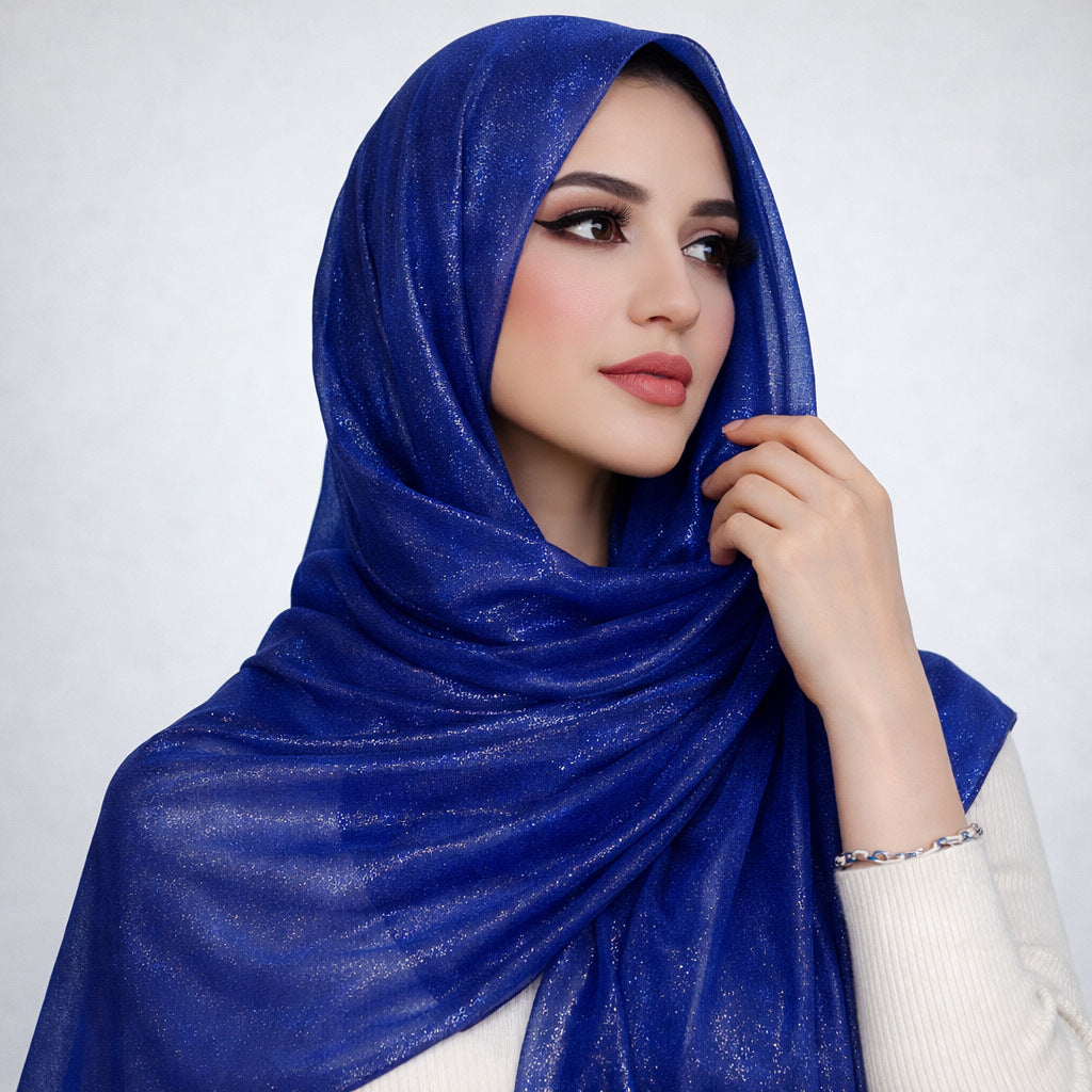 Royal blue sequin chiffon headscarf with draped wrap, glittery shimmer finish