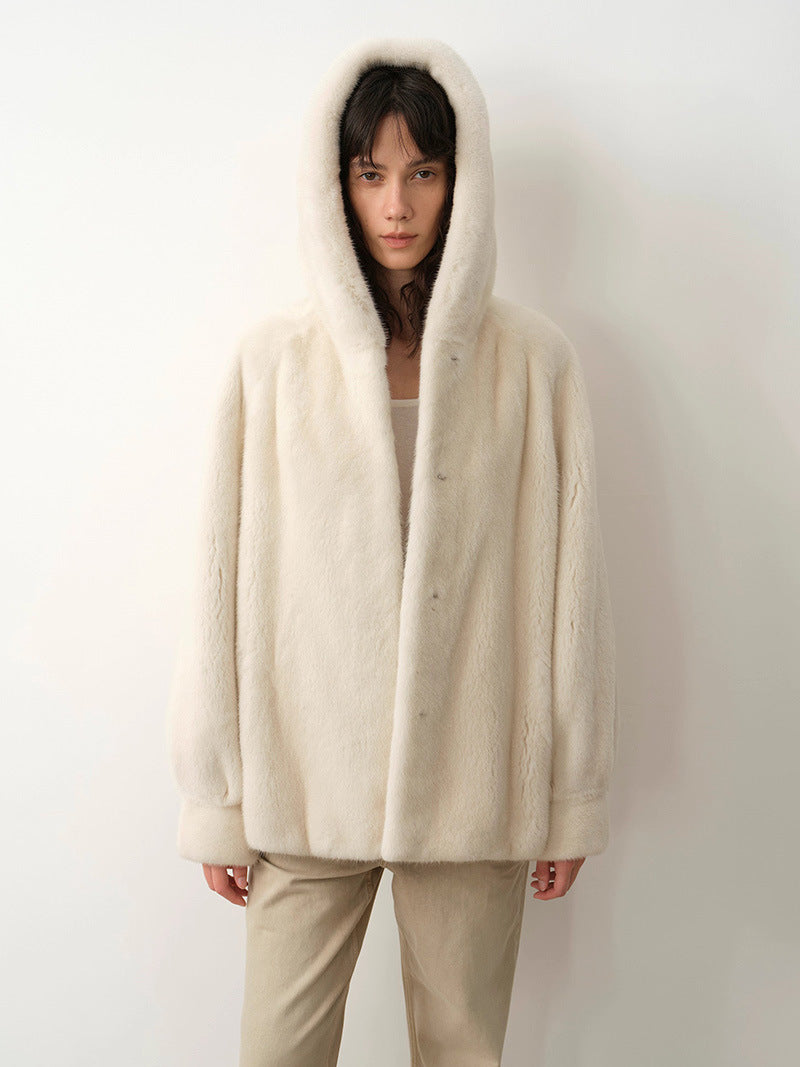 Cream hooded faux fur coat with front buttons, stand collar and full sleeves