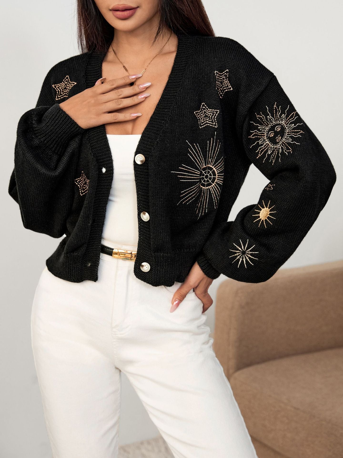 Embroidered Cropped Cardigan for Women — V Neck Sun and Star Knit in Wool