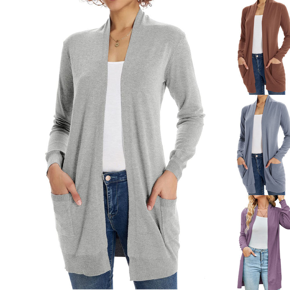 Lightweight gray cardigan with open front, long sleeves, and patch pockets