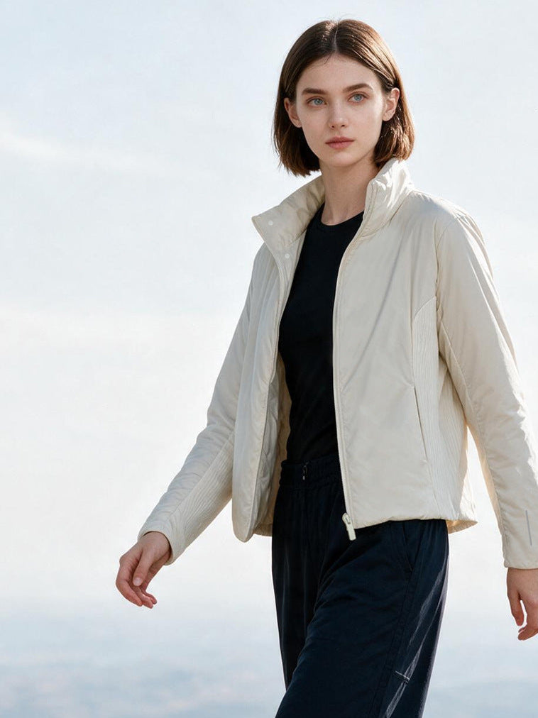 Women’s off-white high-neck windproof cotton jacket, zip front and hooded collar