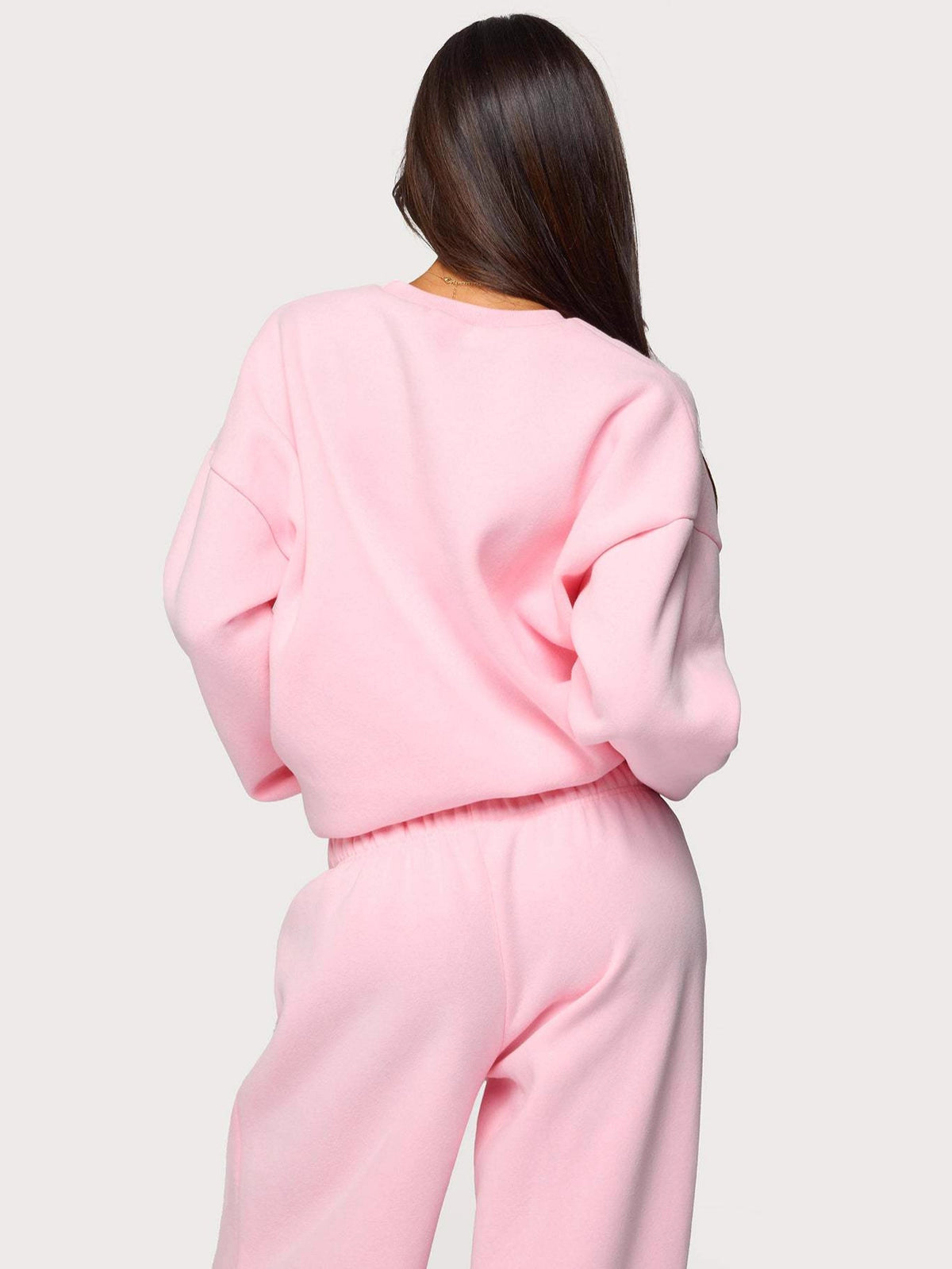 Back view of pink heart-embroidered hoodie and matching sweatpants set
