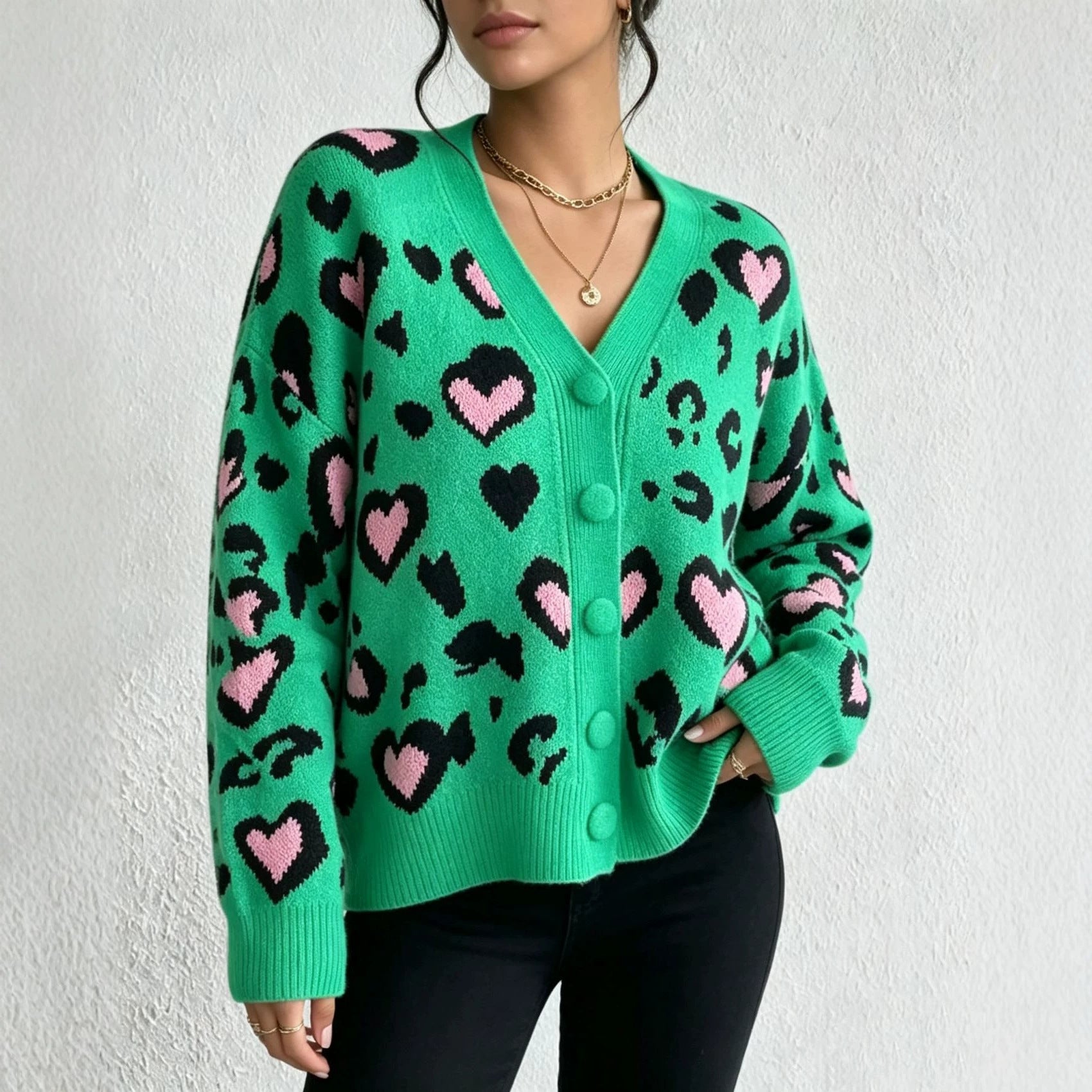 Leopard Print Cardigan for Women — Oversized V Neck Button Front Knit in Wool Blend