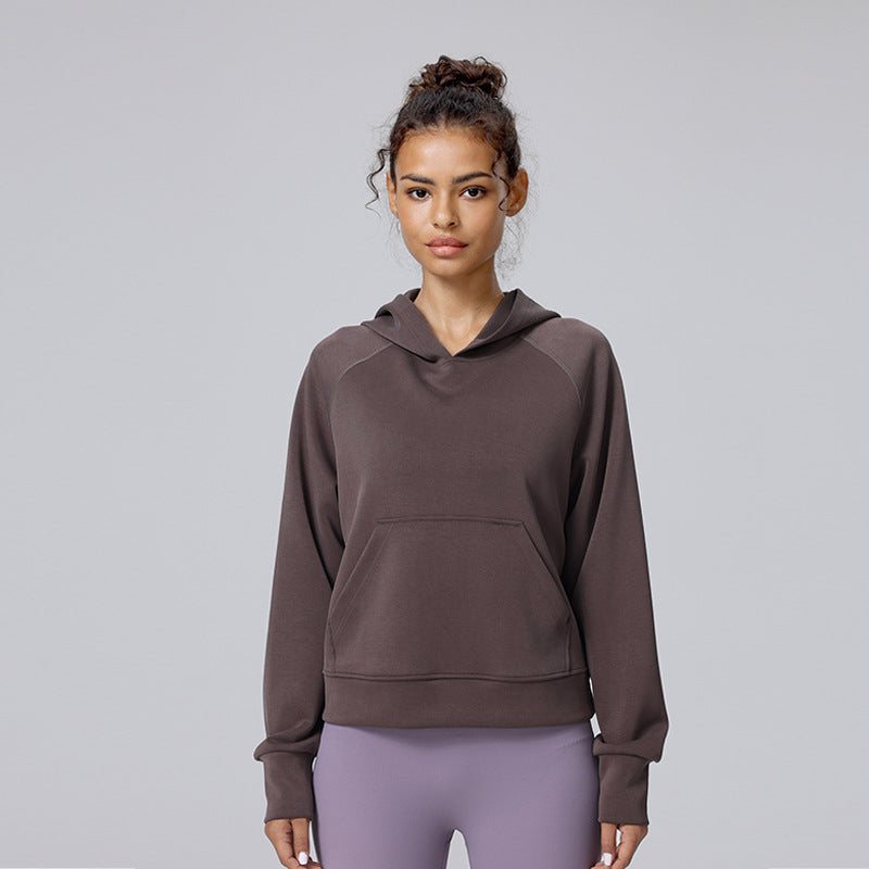 Mocha brown hooded pullover sweatshirt with kangaroo pocket and long sleeves