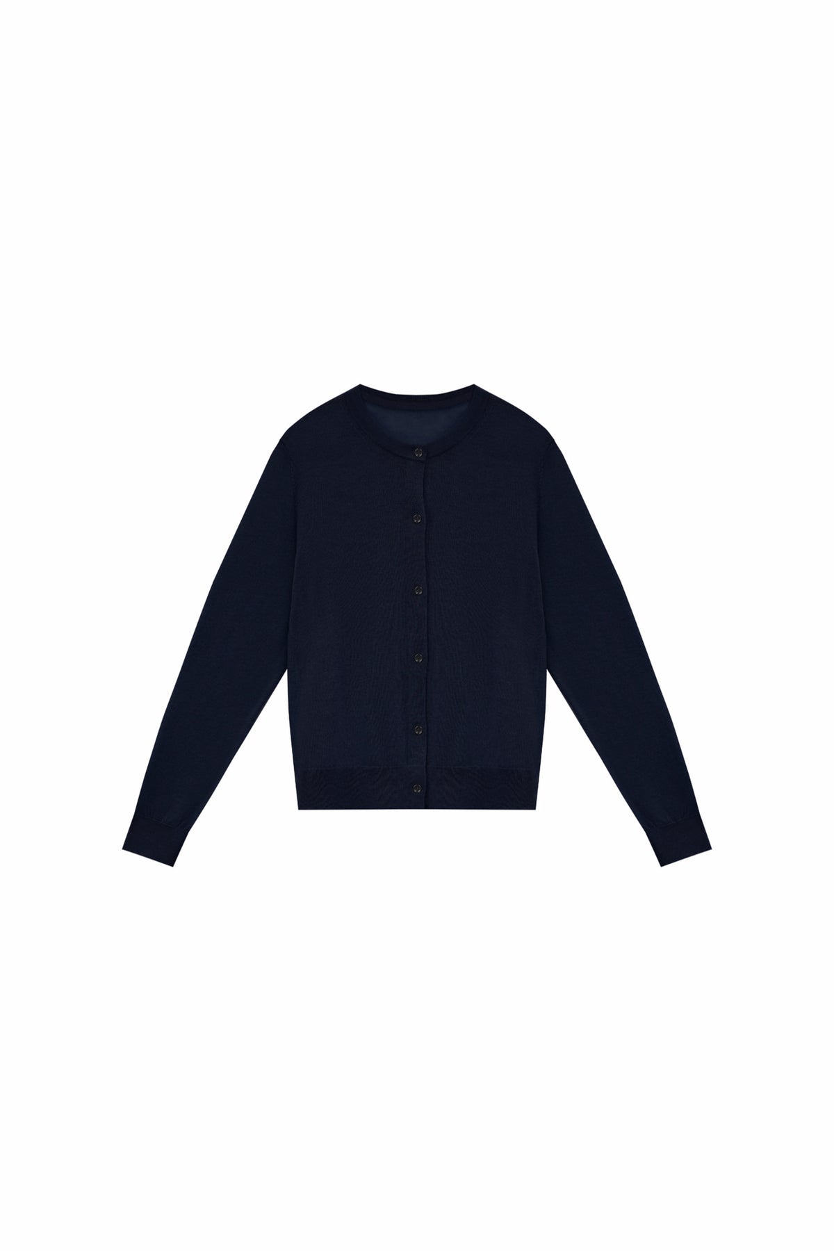 Deep navy blue water-soluble wool blend cardigan, long sleeves, button-front