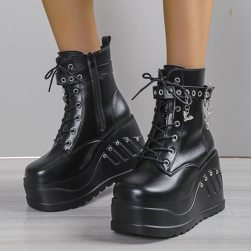 Platform Lace Up Boots for Women — Chunky Wedge Combat Booties in Faux Leather