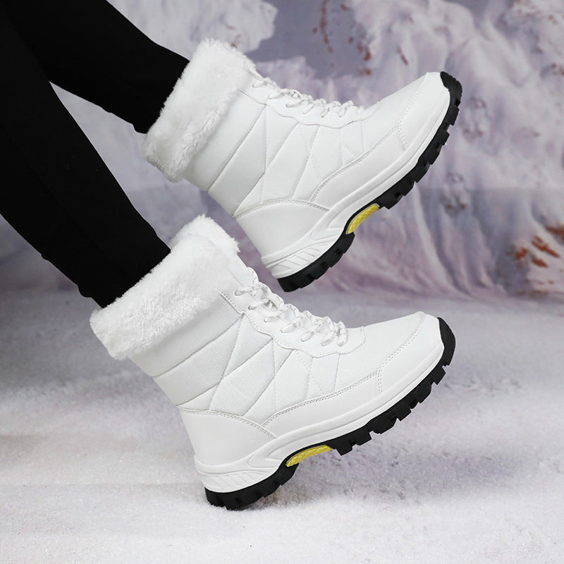 White lace-up winter snow boots with fleece lining and chunky non-slip tread outsole