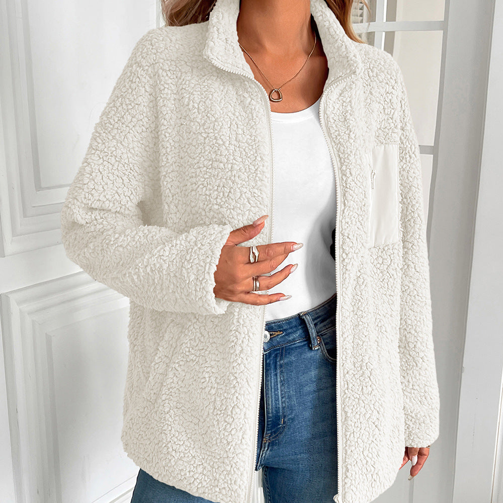 Women’s white sherpa zip-up jacket coat with stand collar, relaxed fit