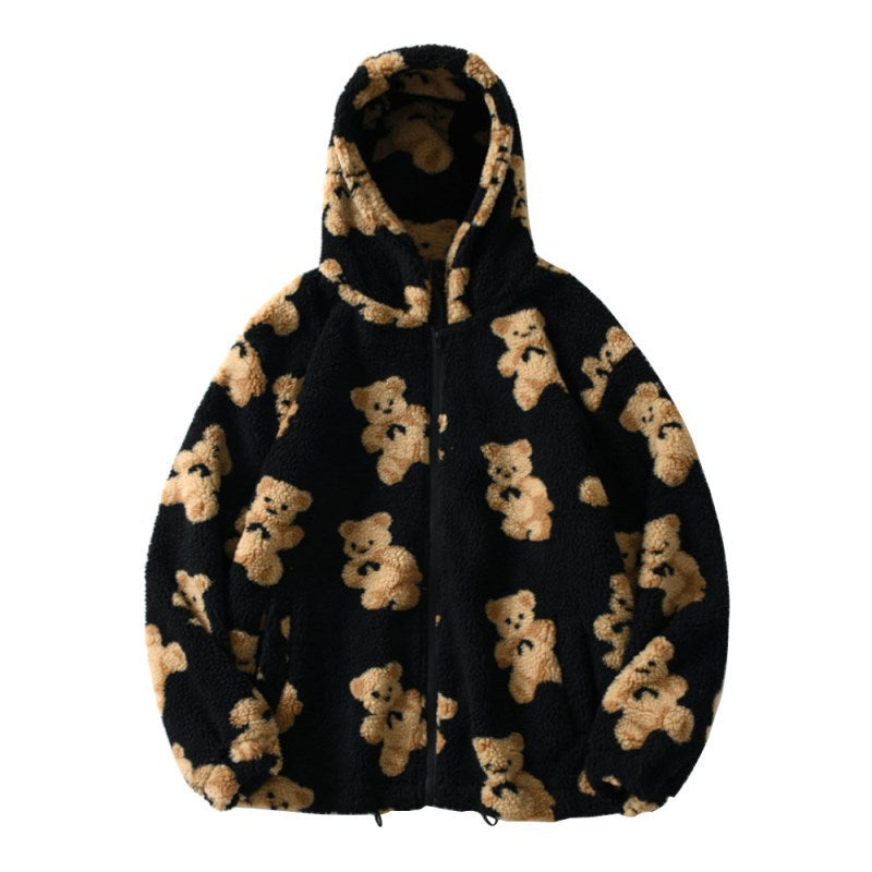 Black plush zip-up hoodie with teddy bear allover print and lined hood